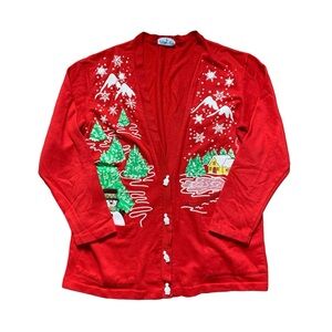 Vintage Village Fair Red Christmas Cardigan L
